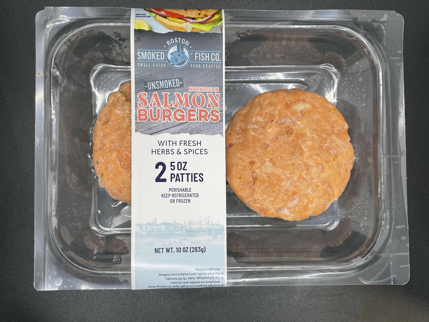Boston Smoked Fish Co - Signature Salmon Burger Retail Pack (Norwegian Salmon) - 8 x 10 oz - Seafood - Farm2Me - 00857016007123 -