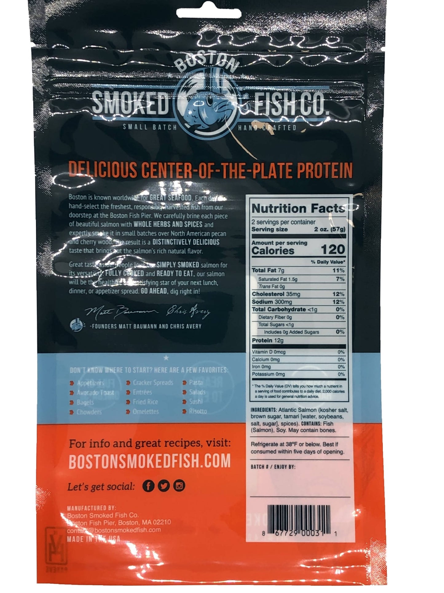 Smoked Salmon Portions (Hot Smoked) - 12-Pouch Packs - Boston Smoked Fish Co | Farm2Me Wholesale