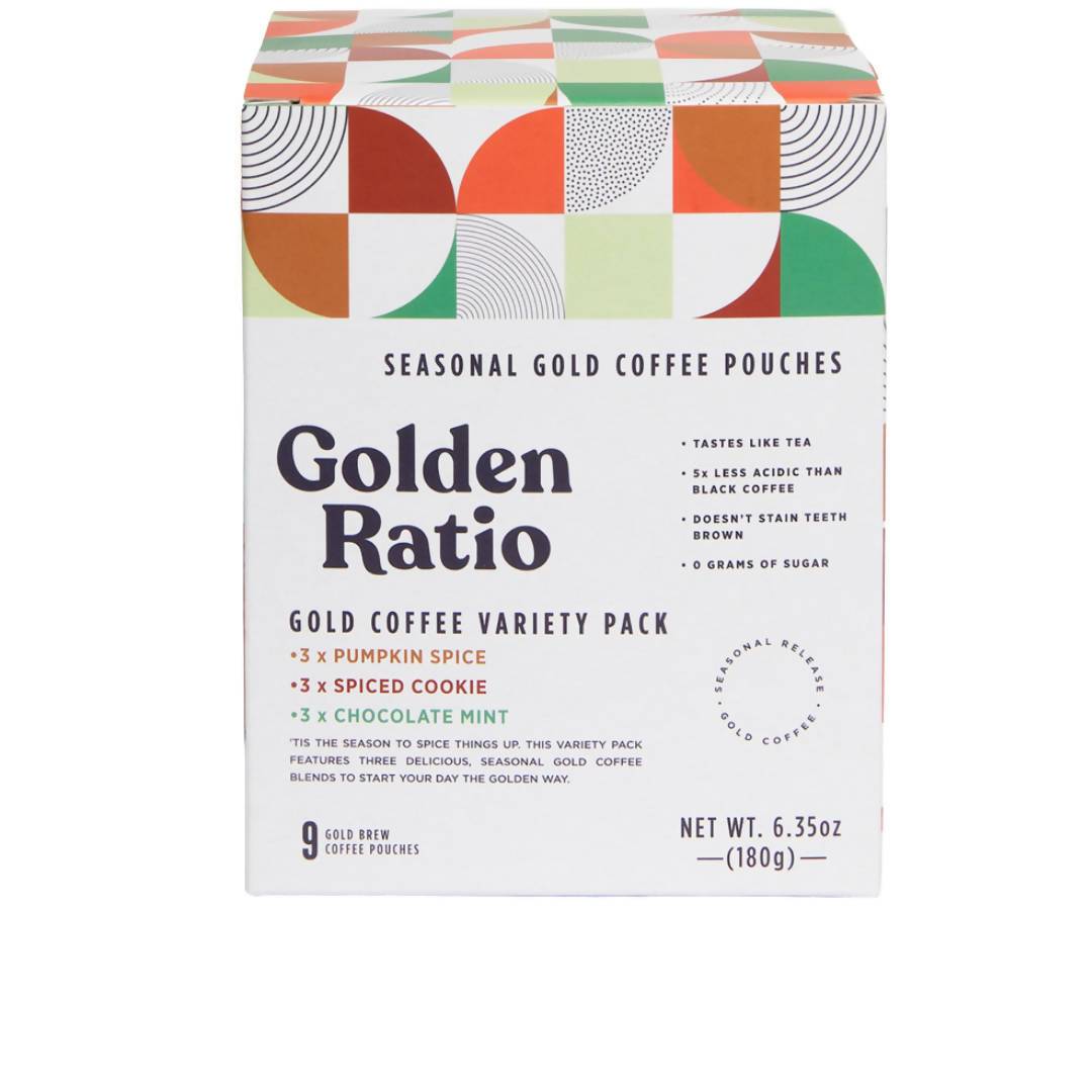 Gold Coffee Pouch Seasonal Variety, Low Acid - 6 boxes x 9-pouches - Golden Ratio Coffee | Farm2Me Wholesale -