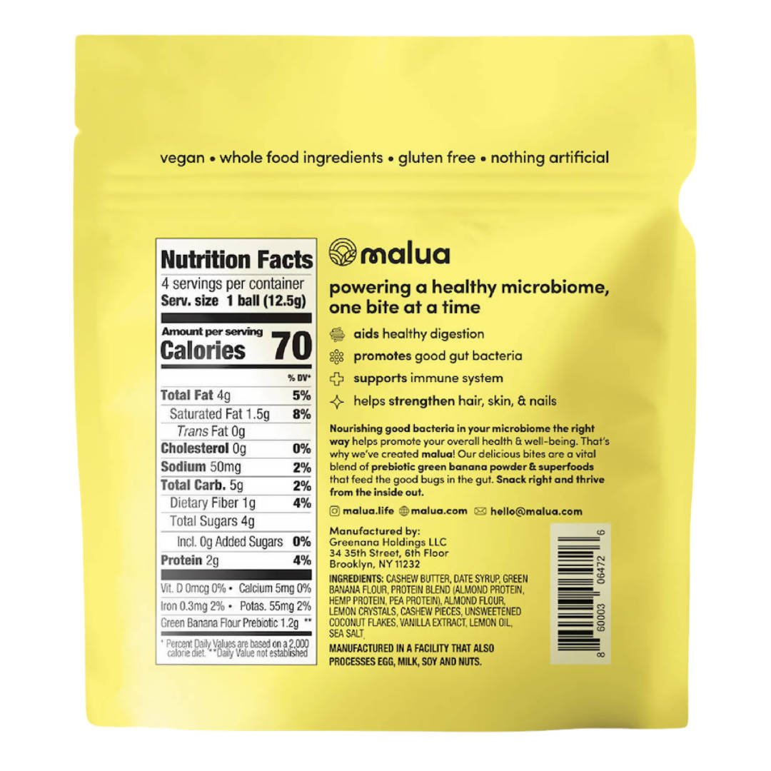 Malua Prebiotic Organic Gut Healthy Vegan Keto Friendly, Low Carb Cashew Lemon Bites - 8 Bags x 1.8 oz - 8-Bags Bundle - Malua Prebiotic Bites | Farm2Me Wholesale