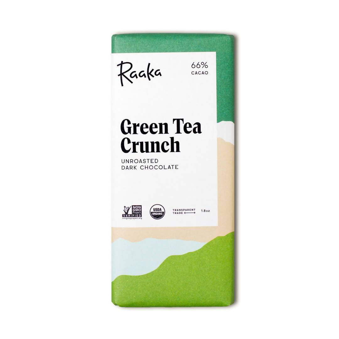 Green Tea Crunch Chocolate, 66% Cocoa / Cacao - 12-Bars Pack - Raaka Chocolate | Farm2Me