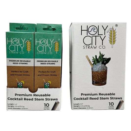 Cocktail Reed Stem Drinking Straws Inner pack 20 boxes 10 ct next to an unopened box Left