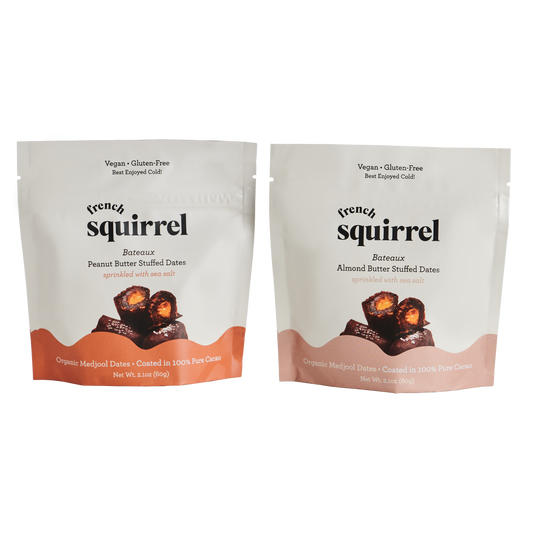 French Squirrel Amandes et Beurre de Cacahuète Bateaux au Chocolat Dattes Farcies au Chocolat Lot Mixte (3 dattes par sachet) x 4 Sachets