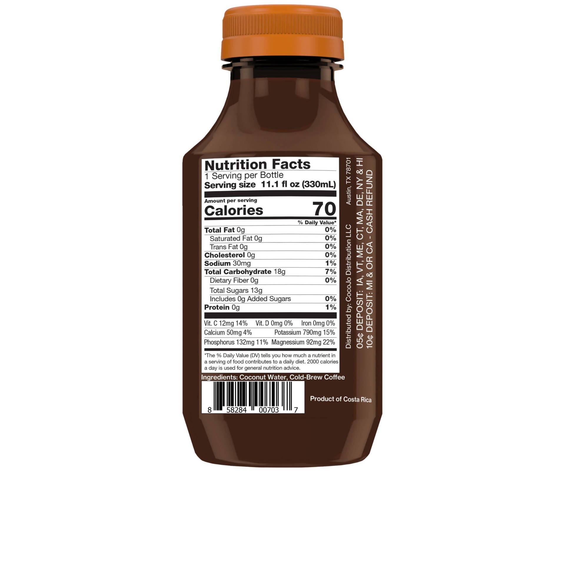 Cold Brew + Coconut Water, Organic - 12-Bottle Pack - Pura Coco Coconut Water | Farm2Me Wholesale (Nutritional Label)