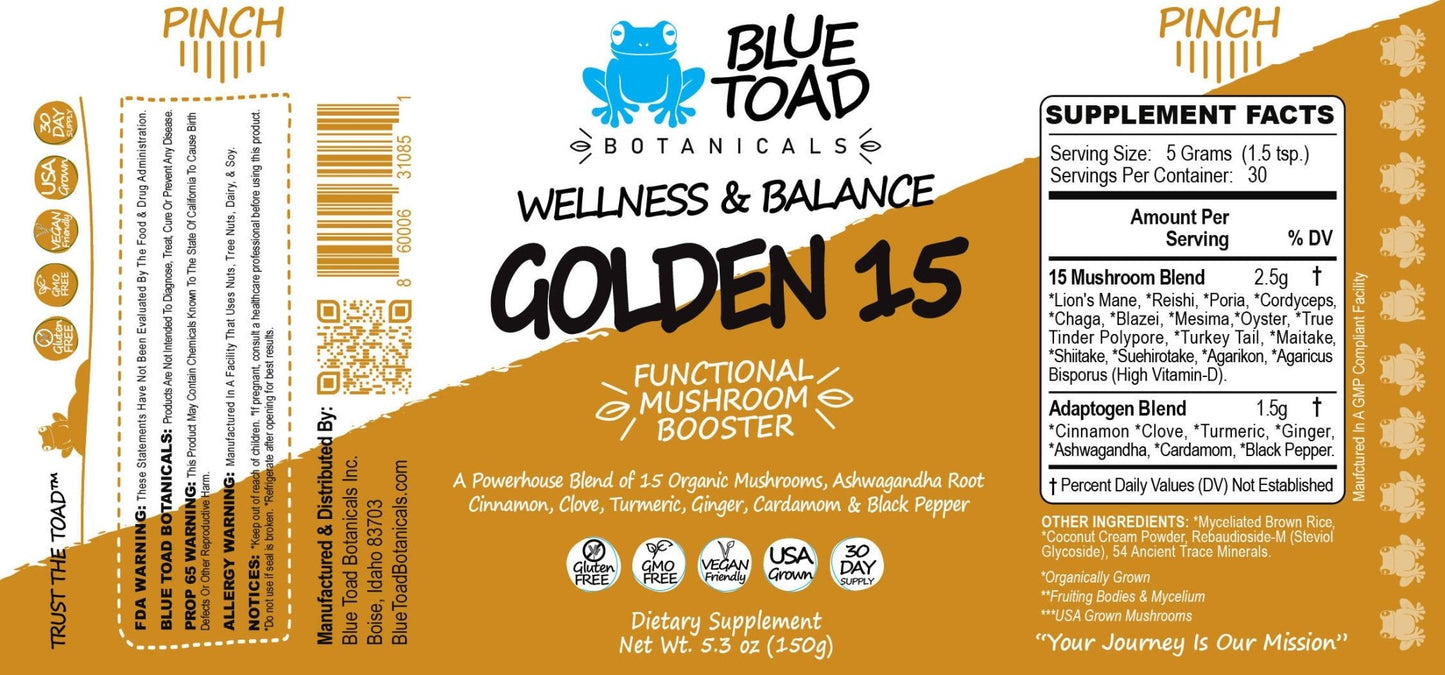 Blue Toad Botanicals® - GOLDEN 15 - Coffee Booster, Smoothie Booster, Powder Blend, Tea Blend - Farm2Me - 860006310813 - 860006310813 -