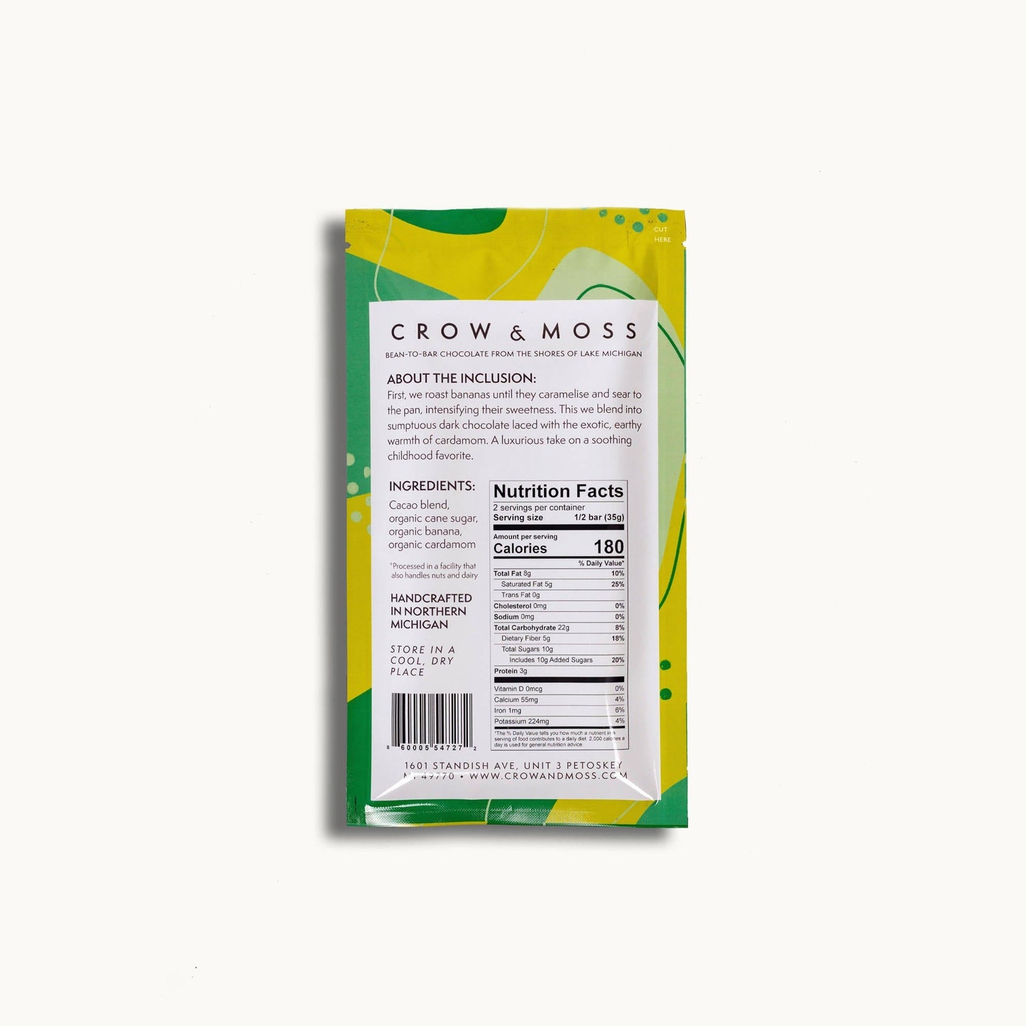 Crow & Moss Chocolate - Banana Cardamom Brulee Chocolate Bar 65% - Case of 15 - Dark Chocolate Inclusion Bar - Farm2Me - 860005547272 -