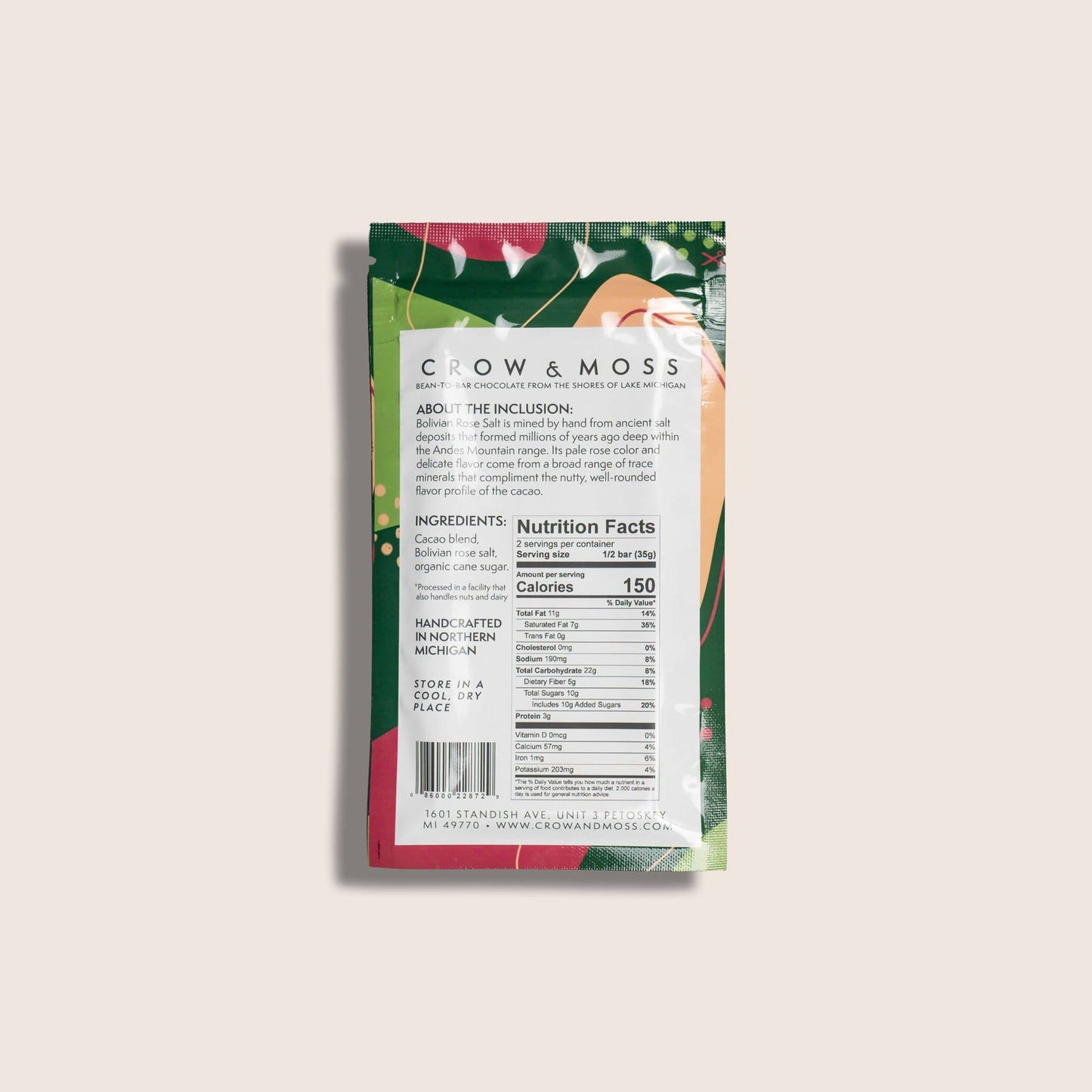 Crow & Moss Chocolate - Bolivian Rose Salt Chocolate Bar 67% - Case of 15 - Dark Chocolate Inclusion Bar - Farm2Me - 860002287232 -