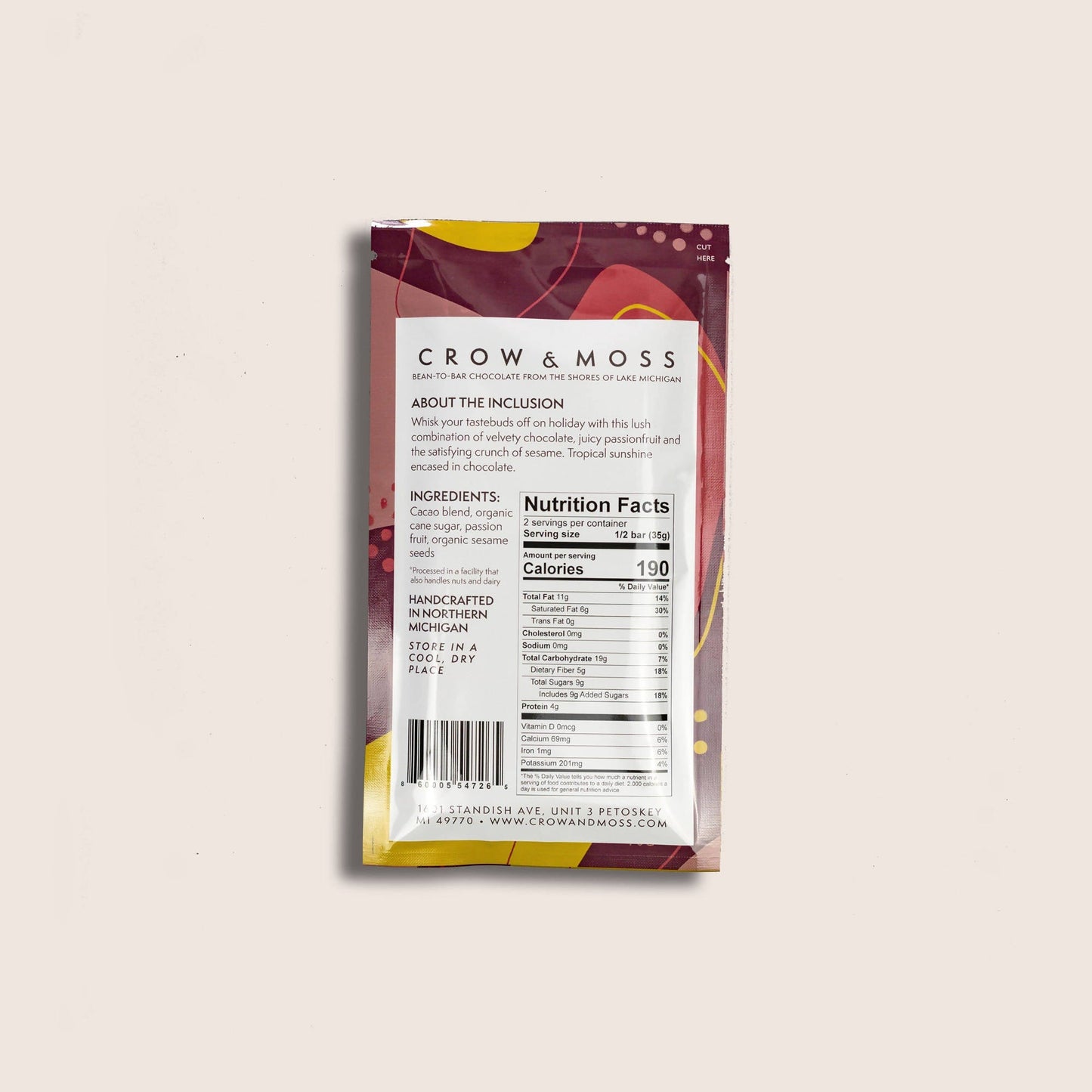 Crow & Moss Chocolate - Passion Fruit Sesame Chocolate Bar 68% - Case of 15 - Inclusion Dark Chocolate Bar - Farm2Me - 860005547265 - -