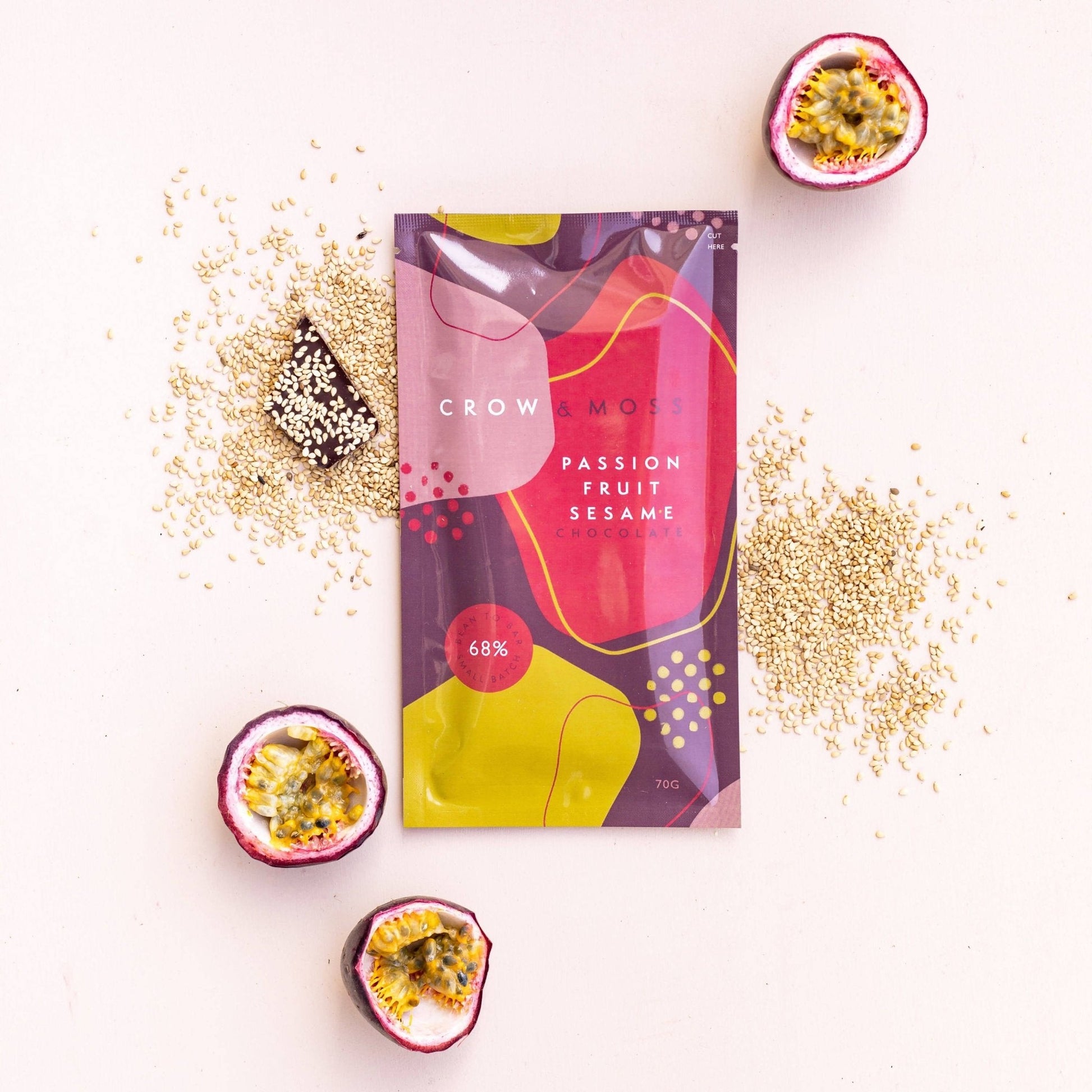 Crow & Moss Chocolate - Passion Fruit Sesame Chocolate Bar 68% - Case of 15 - Inclusion Dark Chocolate Bar - Farm2Me - 860005547265 - -