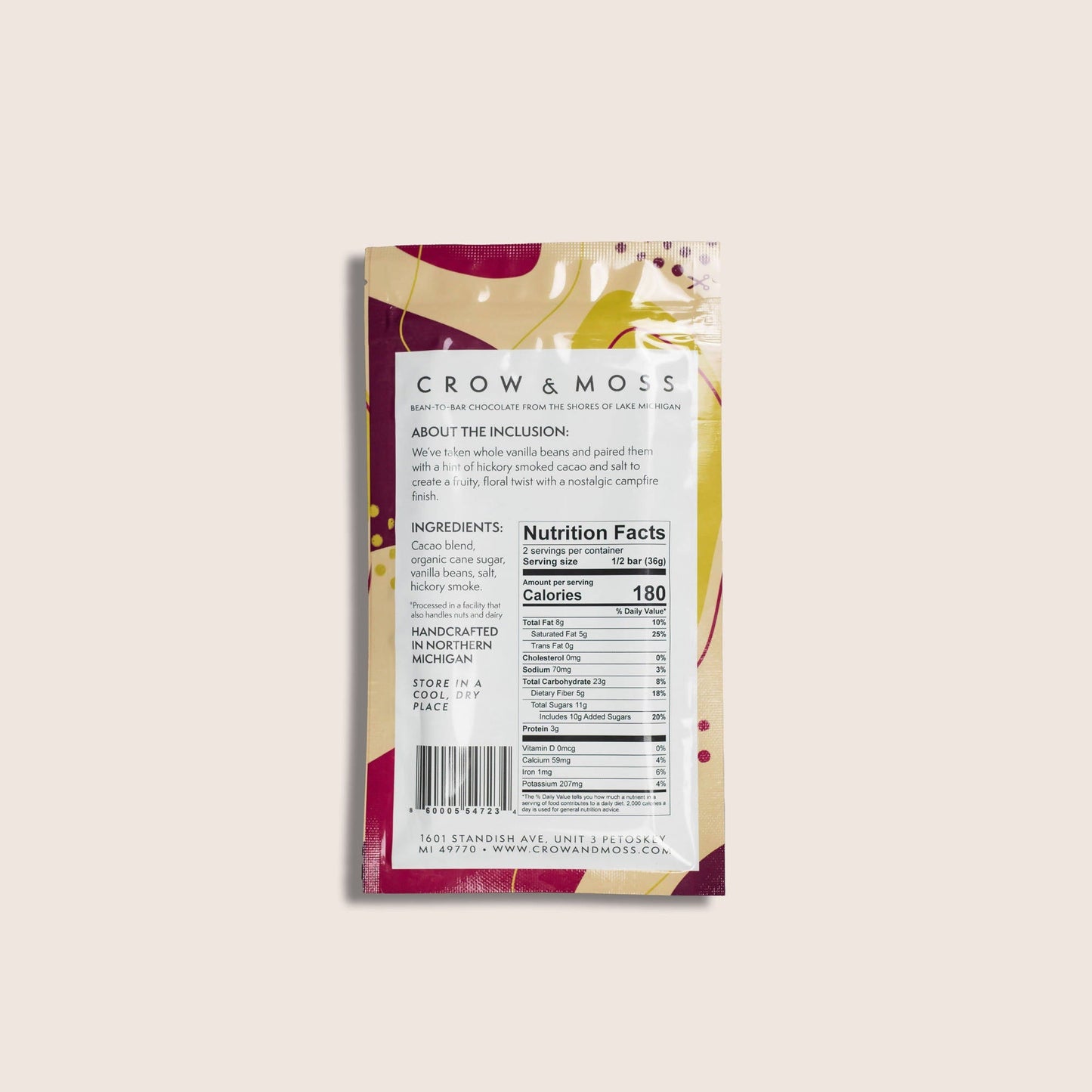 Crow & Moss Chocolate - Vanilla Smoke Chocolate Bar 69% - Case of 15 - Inclusion Dark Chocolate Bar - Farm2Me - 860005547234 -