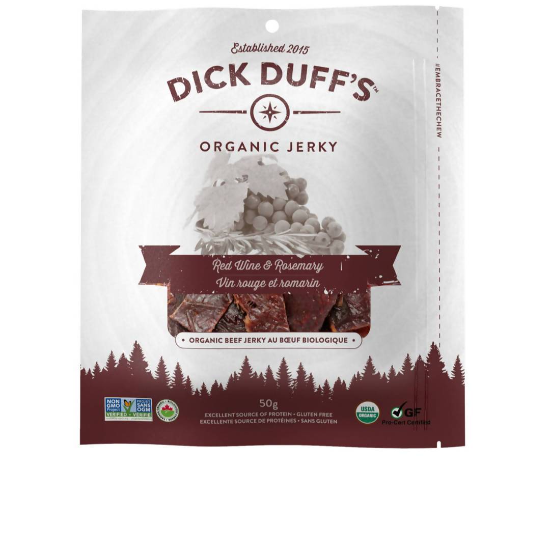 Farm2Me - Meat - Dick Duff’s Organic Jerky - Red Wine & Rosemary Organic Beef Jerky bag - 12 x 50 g - Red Wine & Rosemary Organic Beef Jerky bag - 12 x 50 g - 627843959496
