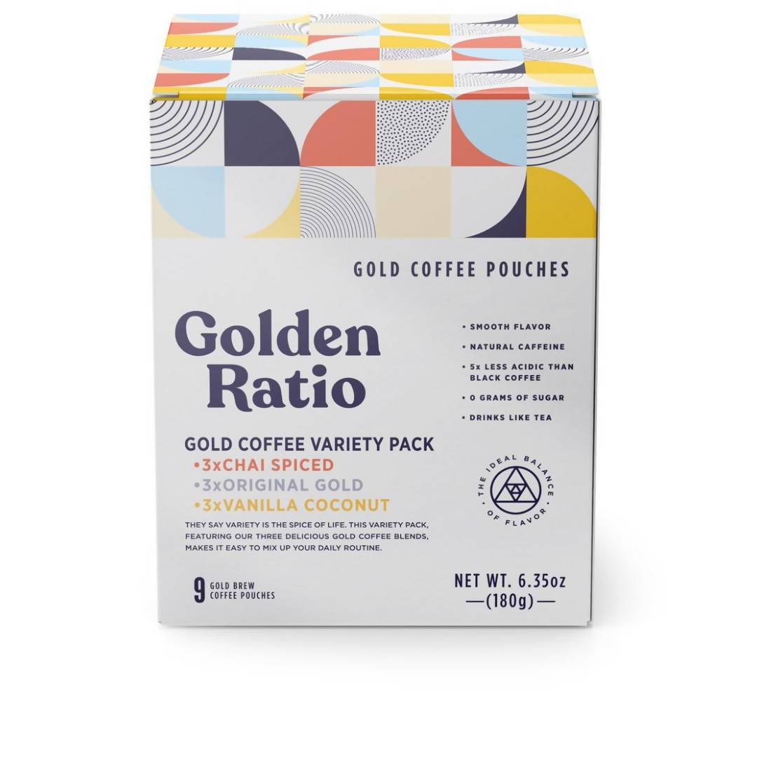 Gold Coffee Variety Pouch Boxes - 6 boxes x 9-pack -Golden Ratio Coffee, Low Acid | Farm2Me Wholesale