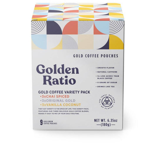 Gold Coffee Variety Pouch Boxes - 6 boxes x 9-pack -Golden Ratio Coffee, Low Acid | Farm2Me Wholesale