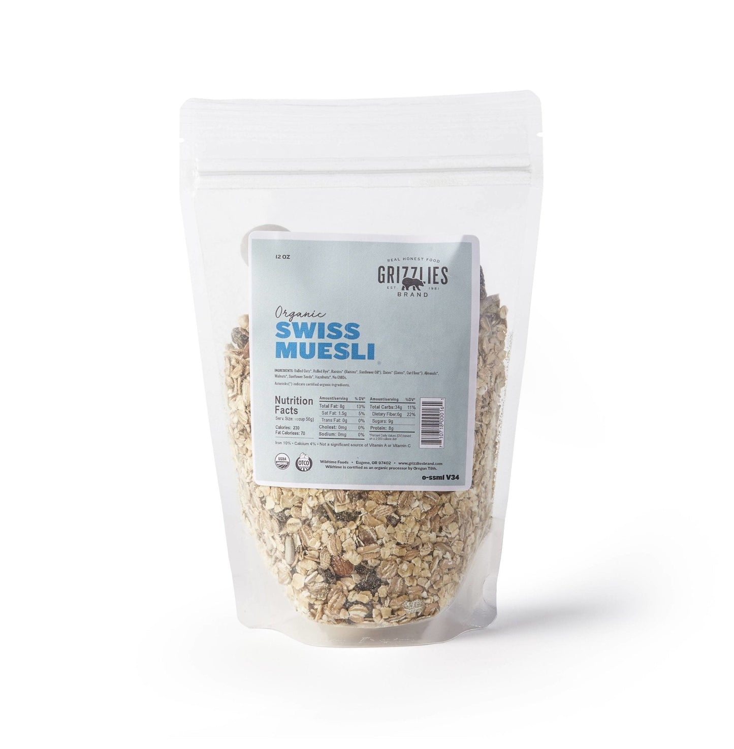 Farm2Me - Muesli - Grizzlies Brand - Organic Swiss Muesli Bags - 12 x 12oz - Organic Swiss Muesli Bags - 12 x 12oz - O-SSM1