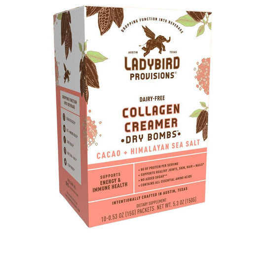 Collagen Creamer (Dairy-Free), Cacao + Himalayan Sea Salt Dry Bomb, Plant Based - 6 Boxes (10 Pouches each) - Ladybird Provisions | Farm2Me Wholesale