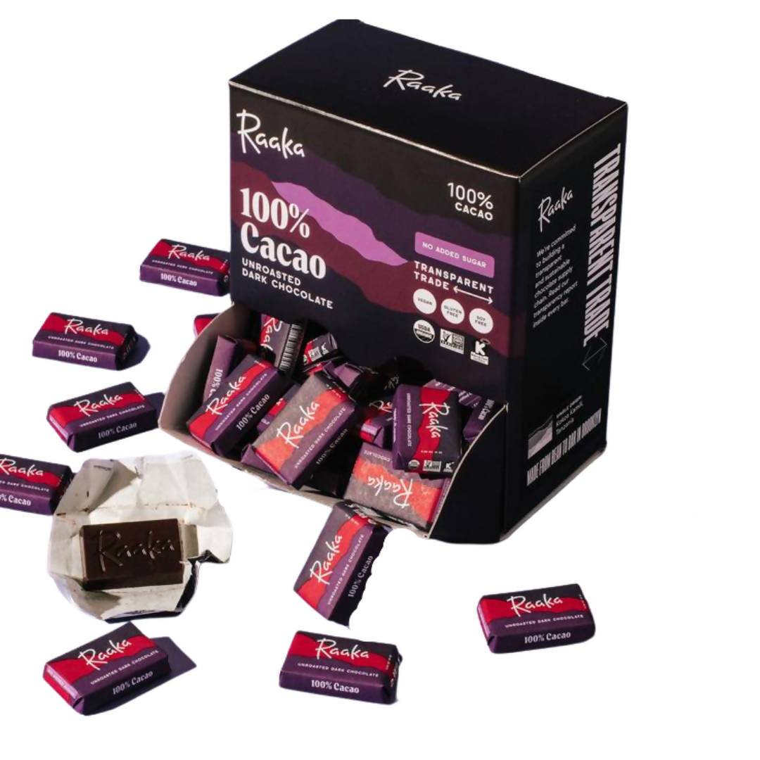 100% Cacao Cacao Minis Bars - 100 x 8g - Raaka Chocolate | Farm2Me Wholesale