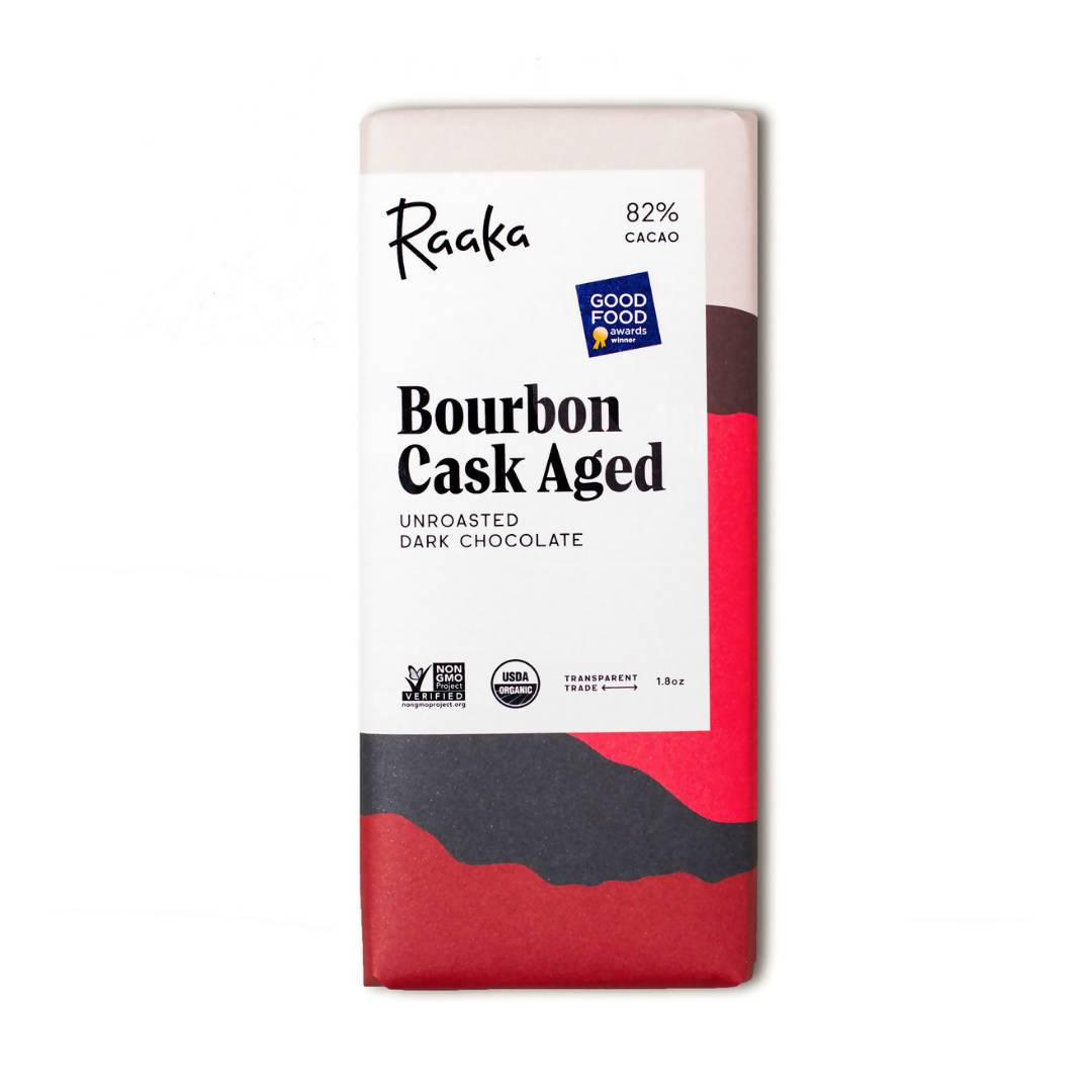 Bourbon Cask Aged Chocolate Bars, 82% Cocoa / Cacao, Unroasted Dark Chocolate - 12-Bars Pack - Raaka Chocolate | Farm2Me Wholesale