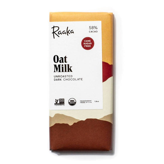 Oat Milk Chocolate, 58% Cocoa / Cacao, Vegan, Dairy-Free, Raw, Cane Sugar-Free Chocolate - 12-Bars - Raaka Chocolate | Farm2Me Wholesale
