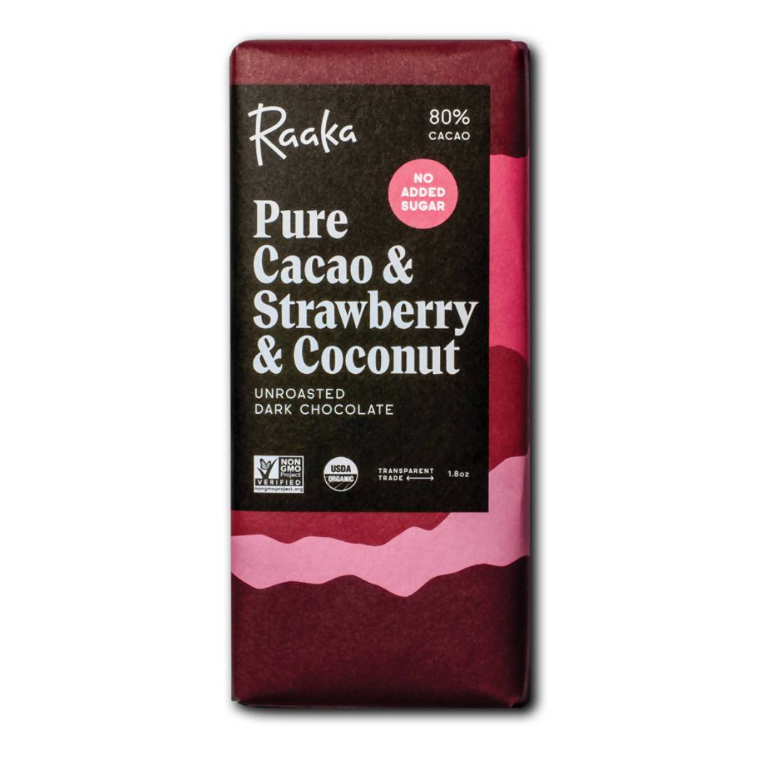 Pure Cacao & Strawberry & Coconut Chocolate, 80% Cocoa / Cacao, Unroasted, Raw - 12-Bars Pack - Raaka Chocolate | Farm2Me Wholesale