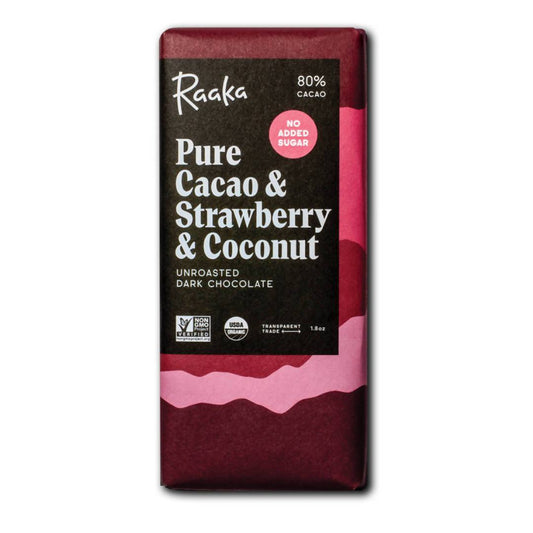 Pure Cacao & Strawberry & Coconut Chocolate, 80% Cocoa / Cacao, Unroasted, Raw - 12-Bars Pack - Raaka Chocolate | Farm2Me Wholesale
