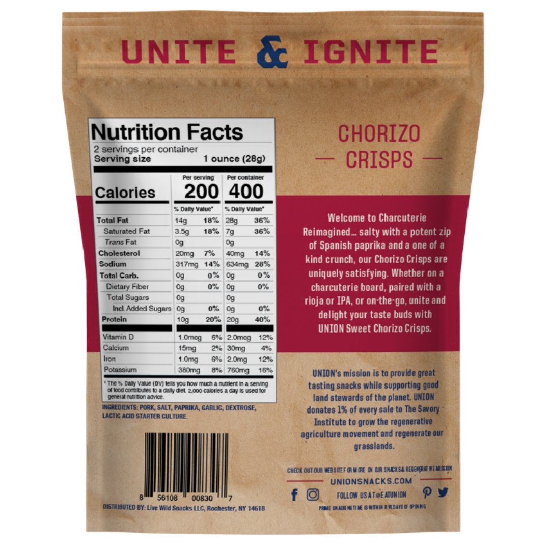 Farm2Me - Snacks - UNION - Chorizo Charcuterie Crisps Bags - 12 x 2.0oz - Chorizo Charcuterie Crisps Bags - 12 x 2.0oz - 856108008307