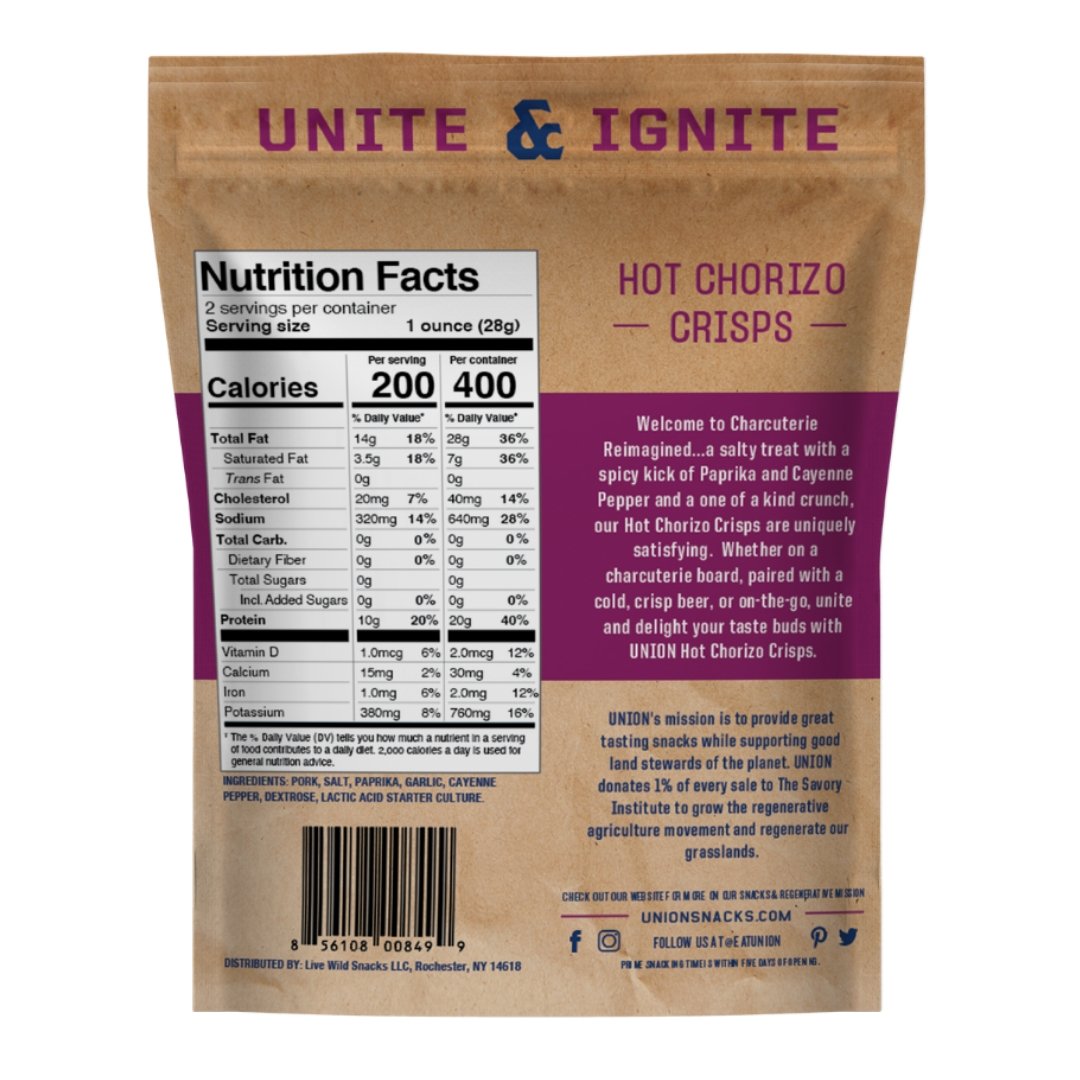 Farm2Me - Snacks - UNION - Hot Chorizo Charcuterie Crisps Bags - 12 x 2.0oz - Hot Chorizo Charcuterie Crisps Bags - 12 x 2.0oz - 856108008499