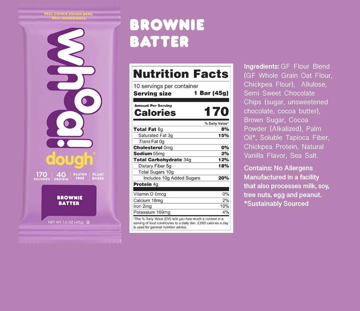 Farm2Me - Snacks - Whoa Dough - Brownie Batter Bar - 10 x 1.6oz - Brownie Batter Bar - 10 x 1.6oz - 860004161042